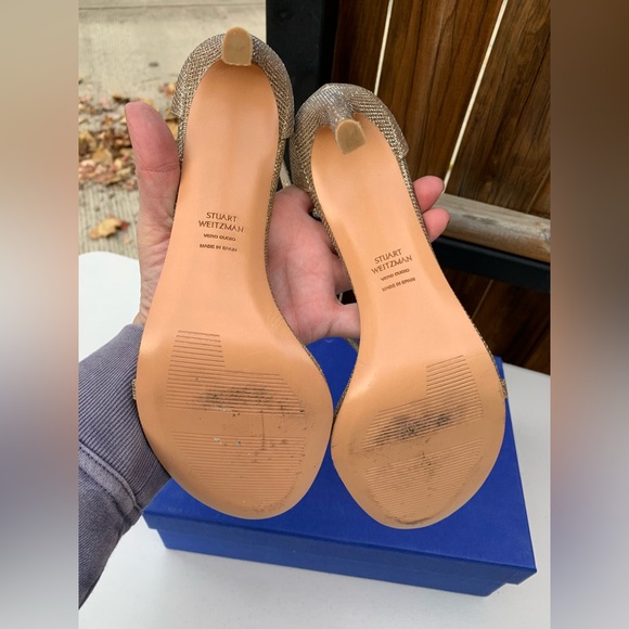 AUTHENTIC STUART WEITZMAN NUDISTSONG 4" STRAP SANDAL HEEL PLATINUM Noir 9.5 - Picture 4 of 12